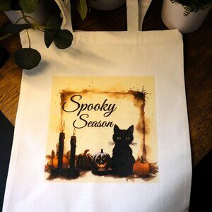 Canvas Tote Bag with Spooky Season with Black Cat, Handmade, carry, books